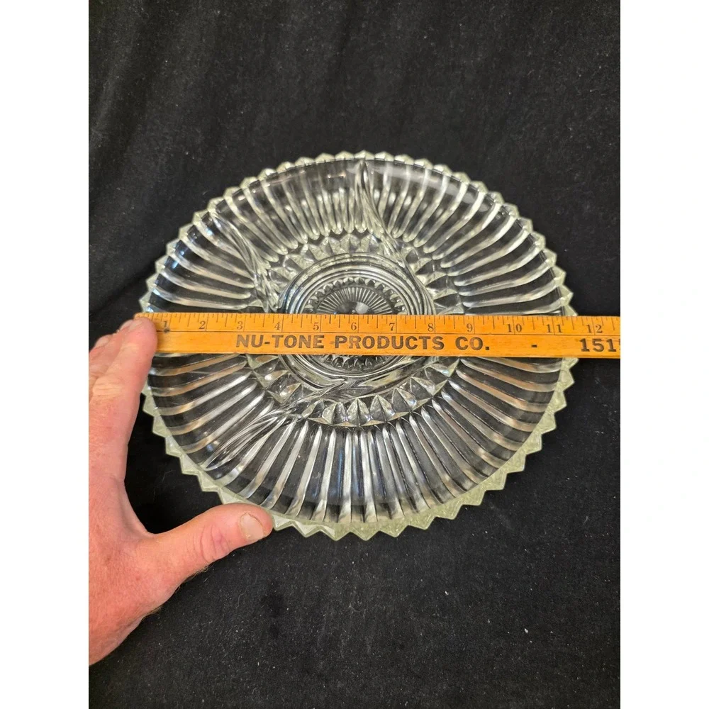 Vintage Clear‎ Pressed Glass Divided Relish Tray 11 Inch Sunburst Sawtooth Edge
